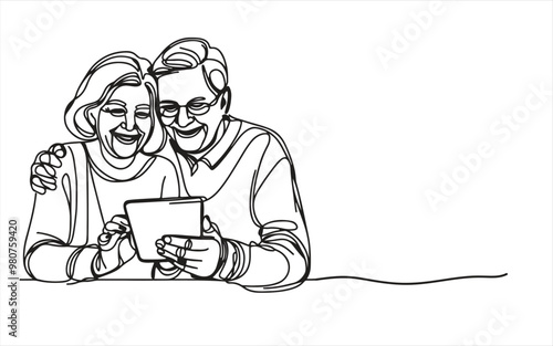 one continuous single line drawing of woman couple senior man happy internet love tablet together mature active elderly retirement computer technology online using Caucasian home adult family