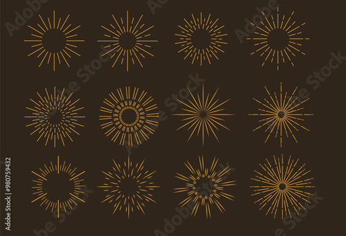 Vintage golden sunburst set. Bursting rays sunrise firework starburst blast. Geometric Design Elements.