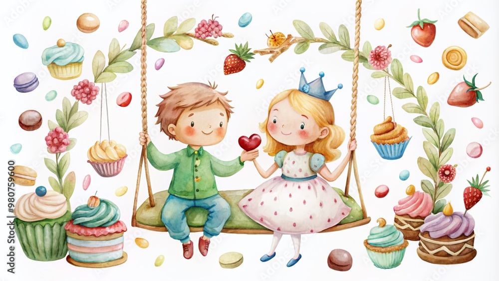 Fototapeta premium Whimsical watercolor illustration of little prince and princess characters' empty swing surrounded by sweet treats, set against a clean white background, evoking joy and innocence.