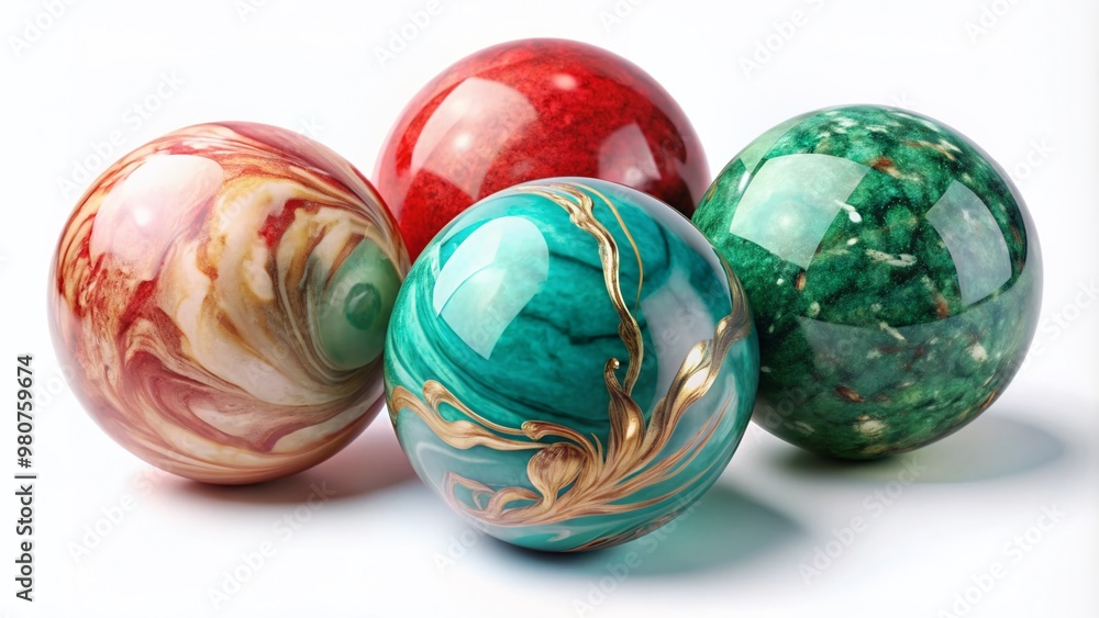 Luxurious marble-textured spheres in green and blue, red and white, pink and white, and blue with gold hues isolated on a transparent background, exuding sophistication. Luxurious marble-textured spheres in green and blue, red and white, pink and white, and blue with gold hues isolated on a transparent background, exuding sophistication.