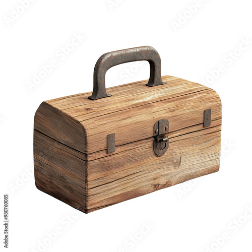 A rustic wooden toolbox with a sturdy handle and latch, perfect for displaying craftsmanship or DIY projects.