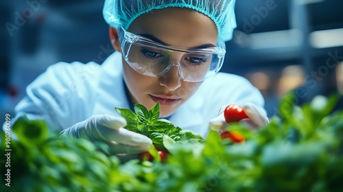 A dedicated scientist inspecting fresh vegetables in a modern greenhouse, showcasing dedication to agriculture and sustainability. photo