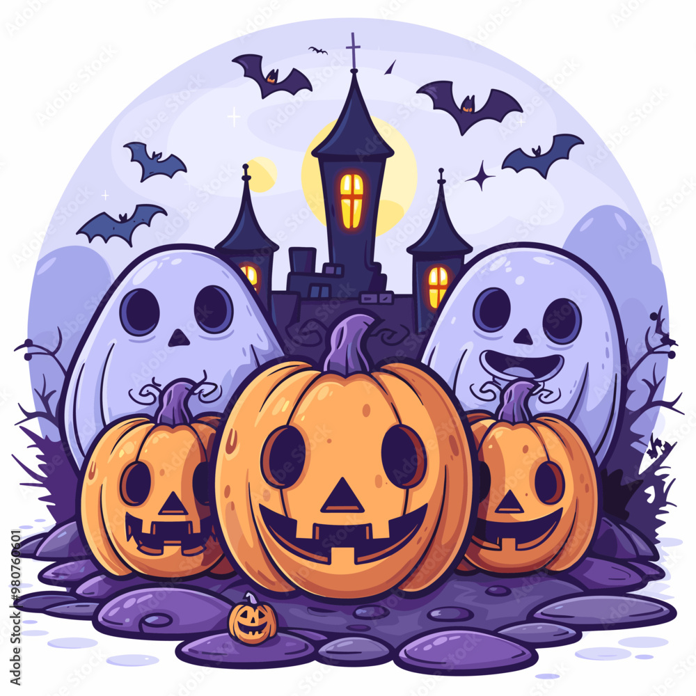 A autumn postcard design for Scary Halloween with Cute characters. Horror story Trick-or-treating. Colorful Vector illustration for flyer and social media post. A autumn postcard design for Scary Halloween with Cute characters. Horror story Trick-or-treating. Colorful Vector illustration for flyer and social media post.