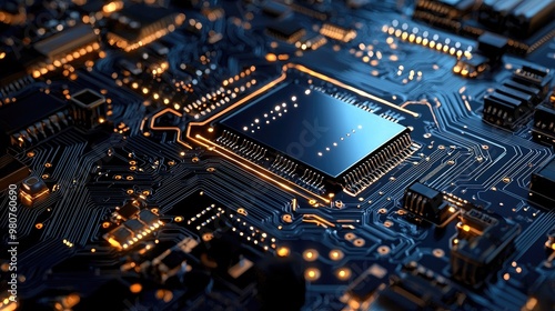 Detailed macro shot of a glowing microchip on a computer circuit board, highlighting technology, electronics, and modern computing