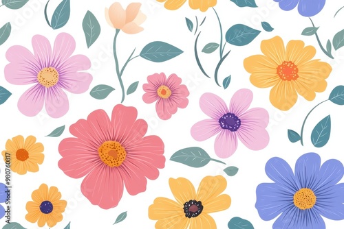 Wallpaper Mural A vibrant floral pattern featuring various colorful flowers and leaves on a white background. Torontodigital.ca