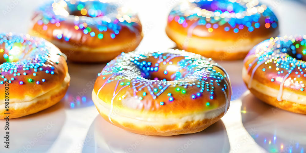 Futuristic Hanukkah Donuts: Close-Up Macro Shot of Neon Icing Creating a Modern Twist on Traditional Festive Treats for Photo Stock Futuristic Hanukkah Donuts: Close-Up Macro Shot of Neon Icing Creating a Modern Twist on Traditional Festive Treats for Photo Stock