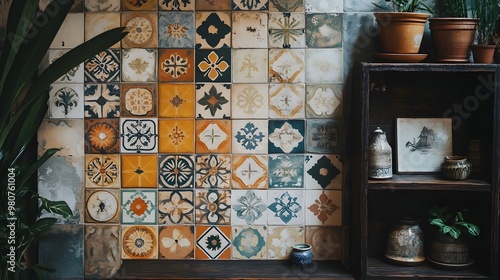 Vintage Floral Tiles with Plants and Pottery on a Shelf