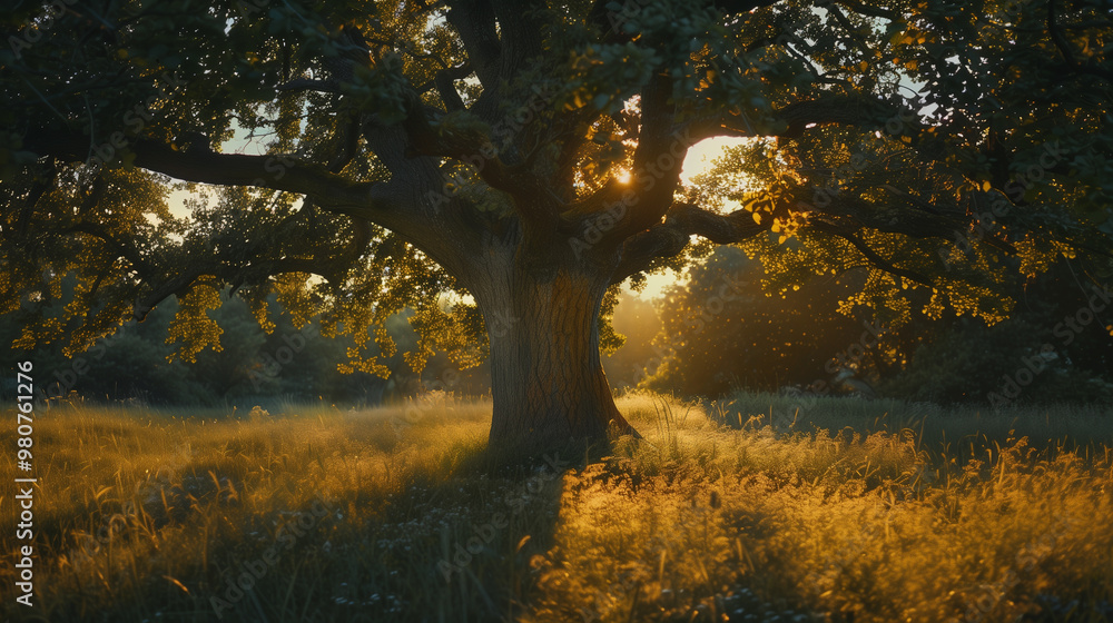 Sun shining through leaves of an old oak tree in a meadow. Sun shining through leaves of an old oak tree in a meadow.
