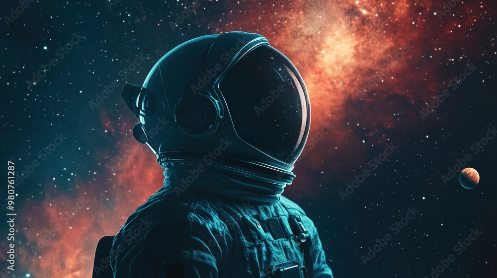 Astronaut in helmet floating in space, side view, open space, milky way, stars and planets background. Generative AI Astronaut in helmet floating in space, side view, open space, milky way, stars and planets background. Generative AI