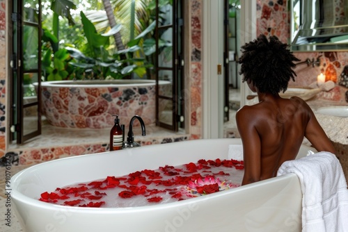 Luxurious spa experience with floral bath in tropical jungle.