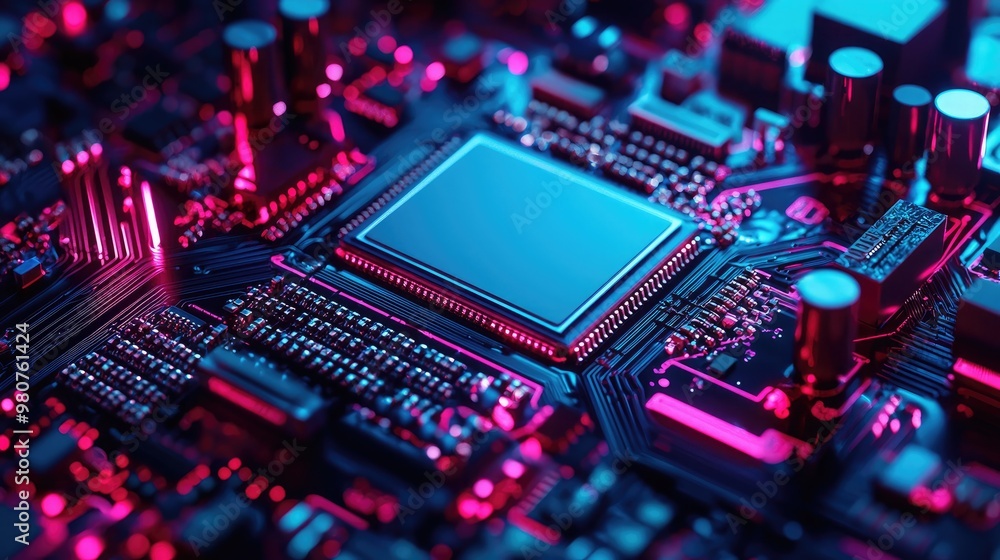 Detailed macro shot of a glowing microchip on a computer circuit board, highlighting technology, electronics, and modern computing