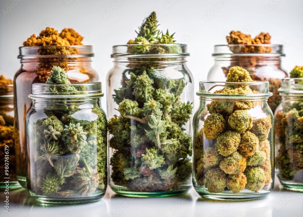 Vibrant medicinal buds of diverse cannabis strains showcased in clear glass jars, highlighting unique colors, textures, and shapes, against a neutral white background. Vibrant medicinal buds of diverse cannabis strains showcased in clear glass jars, highlighting unique colors, textures, and shapes, against a neutral white background.