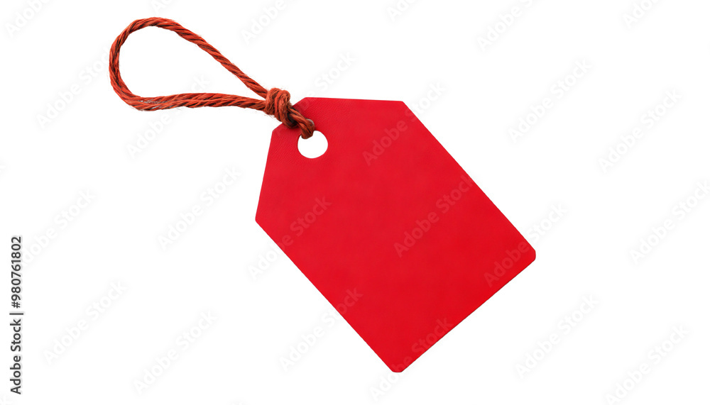 Fototapeta premium A vibrant red paper tag with a brown string loop, perfect for pricing or labeling items in retail or crafts.