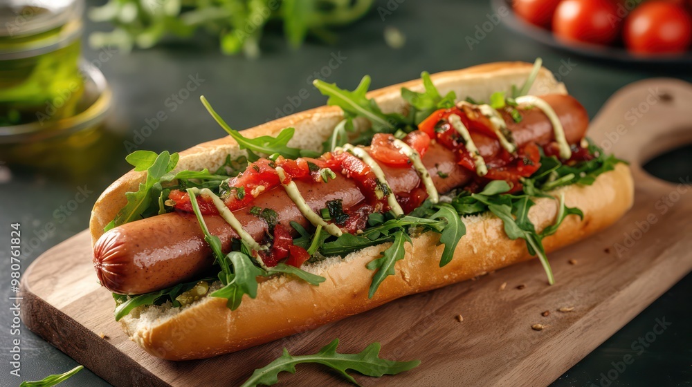A hot dog with organic ingredients concept, showcasing fresh and healthy toppings like arugula, tomatoes, and whole grain buns. A hot dog with organic ingredients concept, showcasing fresh and healthy toppings like arugula, tomatoes, and whole grain buns.