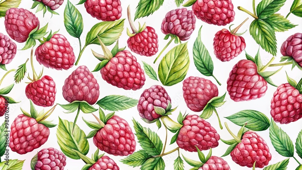 Delicate hand-painted watercolor raspberries create a whimsical seamless pattern on a soft white background, ideal for designs requiring a touch of elegance and sophistication. Delicate hand-painted watercolor raspberries create a whimsical seamless pattern on a soft white background, ideal for designs requiring a touch of elegance and sophistication.