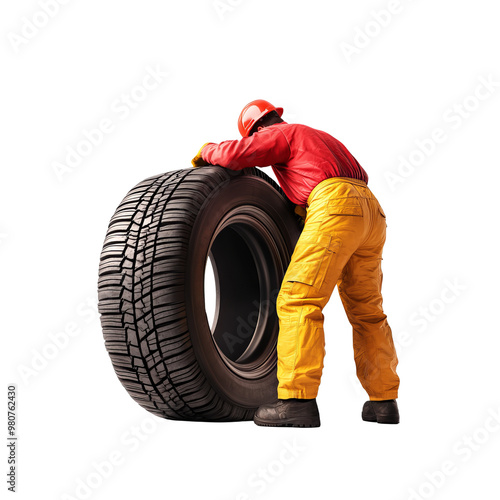 A worker examines a tire for quality control in a vehicle maintenance workshop, showcasing precision and expertise in automotive care. photo