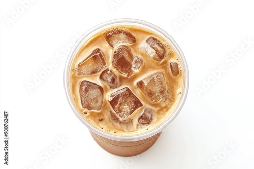 Takeaway plastic cup with iced cold coffee drink isolated on white background, Top view , ai