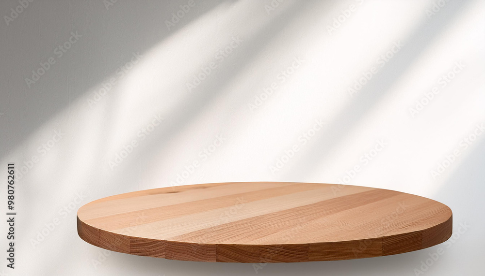 Round wood table top with abstract shadow drop on white wall background for mockup product display Round wood table top with abstract shadow drop on white wall background for mockup product display
