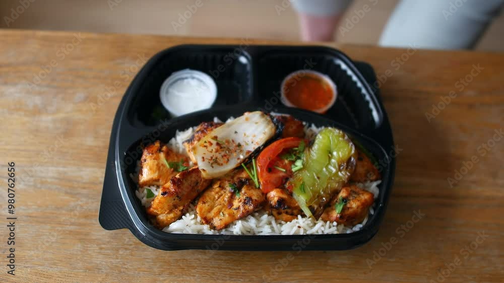 Opening a takeout container filled with grilled chicken over rice, topped with roasted vegetables and herbs, accompanied by dipping sauces. A freshly prepared meal is ready to be enjoyed Opening a takeout container filled with grilled chicken over rice, topped with roasted vegetables and herbs, accompanied by dipping sauces. A freshly prepared meal is ready to be enjoyed