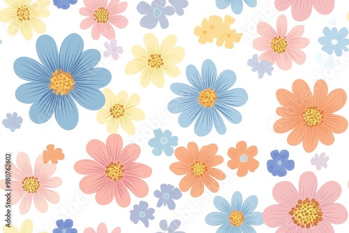 A vibrant floral pattern featuring various colorful flowers on a white background.