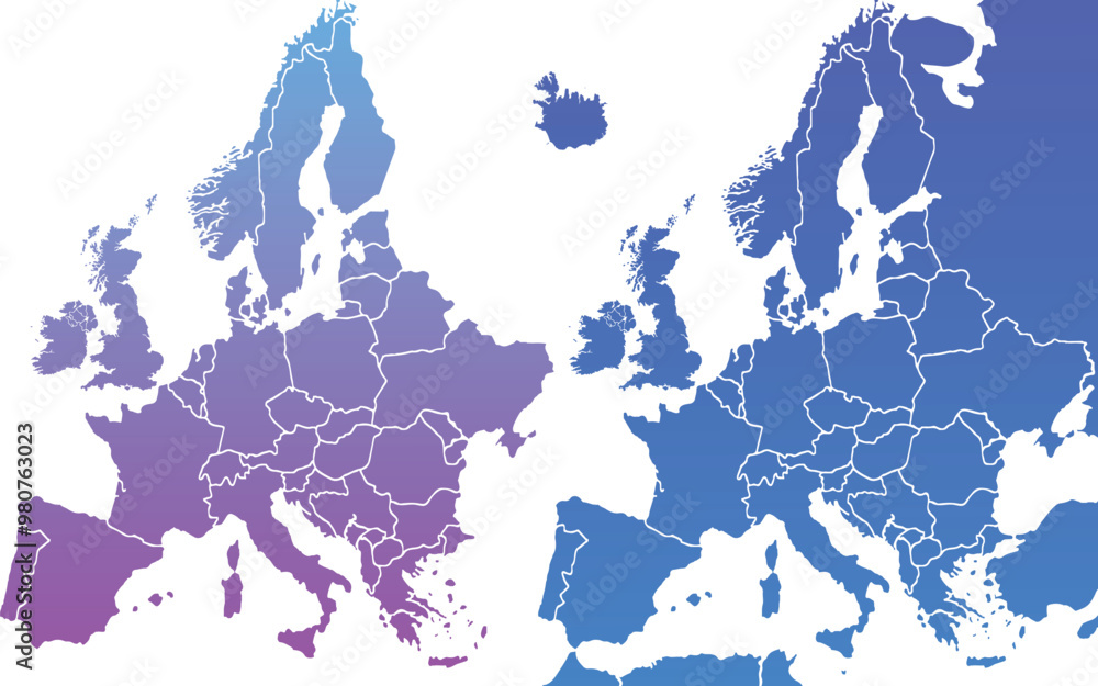 Obraz premium Europe map modern colors vector, isolated on white background.Travel worldwide, map silhouette, backdrop, earth geography, political,reports,city, infographic, political, concept, outline.