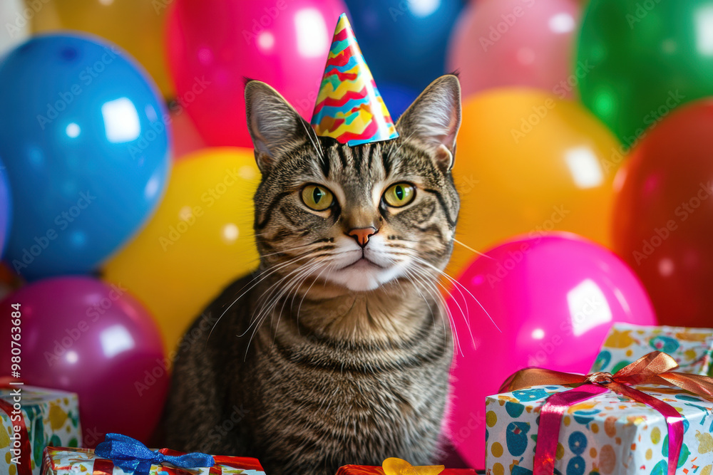 An image of a tabby cat wearing a colorful party hat, surrounded by balloons and gift boxes. The background features bright, multicolored balloons. An image of a tabby cat wearing a colorful party hat, surrounded by balloons and gift boxes. The background features bright, multicolored balloons.