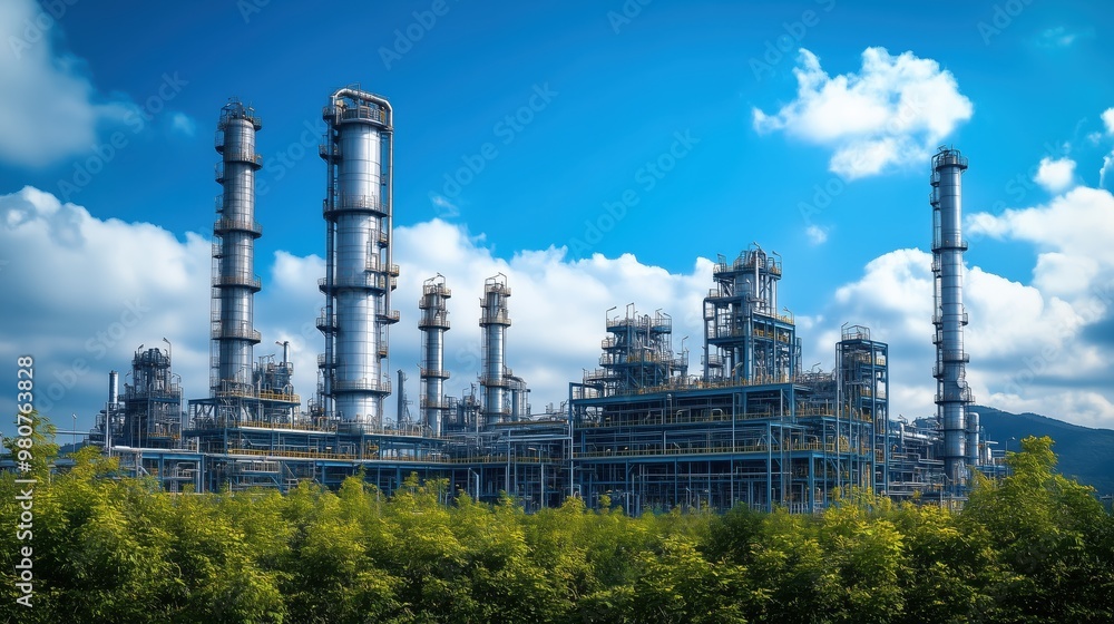 Large oil refinery under a blue sky with clouds. Massive oil refinery with tall towers and intricate pipelines under a clear blue sky, representing industrial production and energy infrastructure.