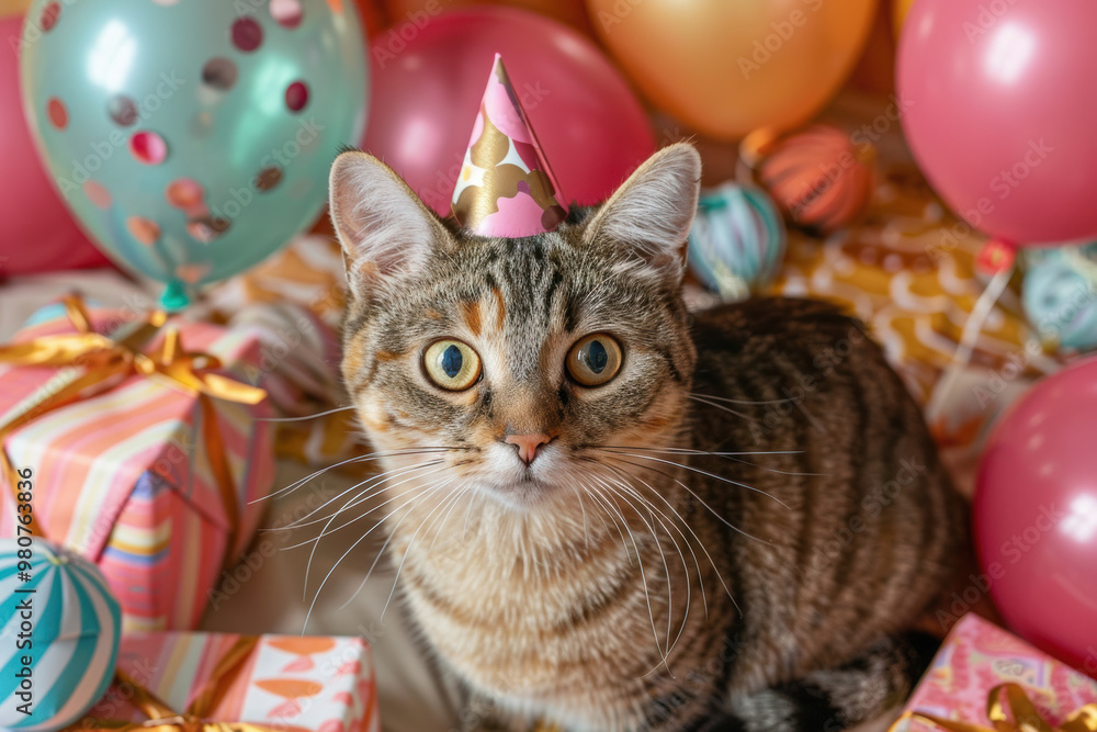An image of a tabby cat wearing a pink and gold party hat, surrounded by colorful balloons and wrapped presents. An image of a tabby cat wearing a pink and gold party hat, surrounded by colorful balloons and wrapped presents.