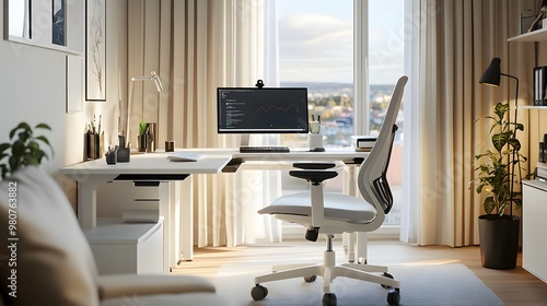 A clean, organized workspace with a smart desk and ergonomic chair, featuring wireless charging and Scandinavian aesthetics photo