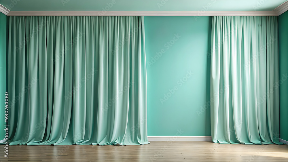 Minimalist interior design featuring elegant turquoise curtains Minimalist interior design featuring elegant turquoise curtains