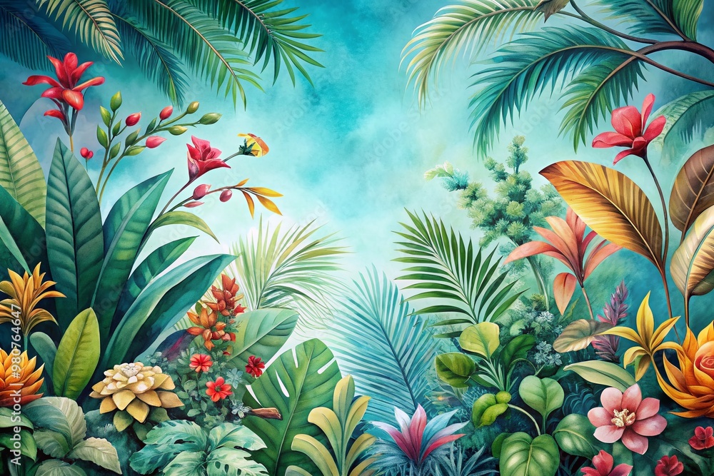 Fototapeta premium Vibrant watercolor illustration of lush tropical trees with intricate leaves, exotic flowers, and delicate branches, set against a soft, gradient blue background.