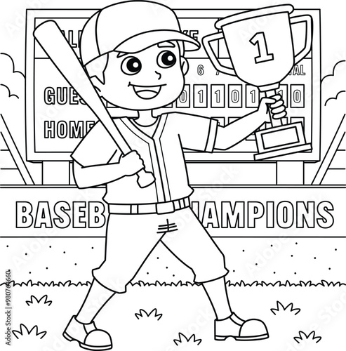 Baseball Player with Championship Trophy Coloring 