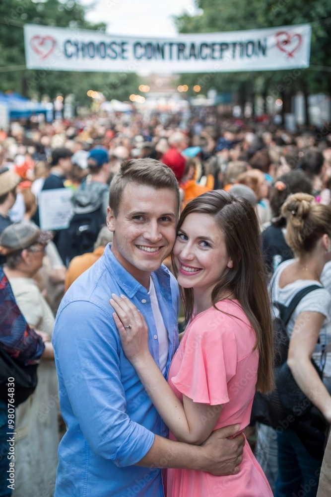 Fototapeta premium Couple embracing at contraception awareness event among crowd. Design for the celebration of World Contraception Day, promotional products, health campaigns, educational materials.