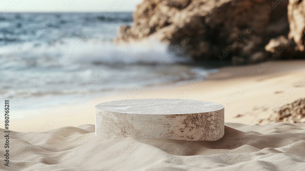 Stone podium on sand ground with blurred beach background. Pedestal for a product display stand. Stone podium on sand ground with blurred beach background. Pedestal for a product display stand.