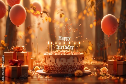 A beautiful birthday celebration with a cake, candles, balloons, and gifts in a forest setting during autumn