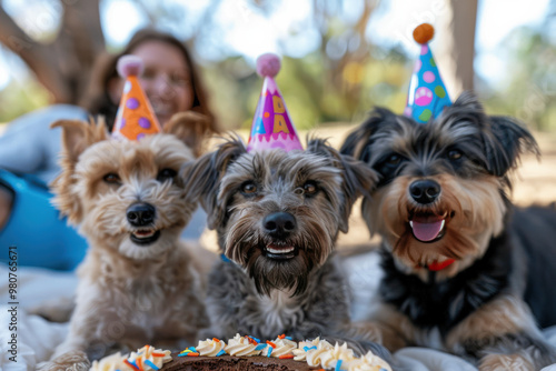 An image of three small dogs wearing party hats, sitting in front of a birthday cake with a single lit candle. photo