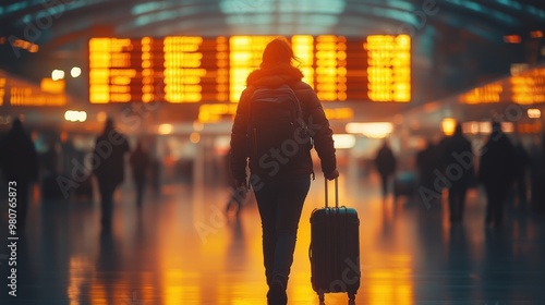 Traveler pulls their luggage while walking through an airport terminal, illuminated by the glowing departure boards, capturing the moment before departure. photo