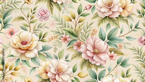 Delicate pastel-hued flowers and intricately designed leaves adorn a soft, creamy background, creating a whimsical, elegant floral pattern perfect for design and wallpaper applications.