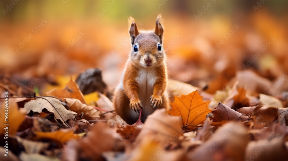 Red squirrel in yellow leaves in an autumn park. Neural network ai generated art Red squirrel in yellow leaves in an autumn park. Neural network ai generated art