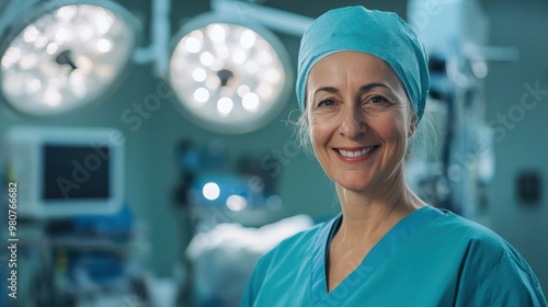 Smiling Senior Female Surgeon in Scrubs Ready to Inspire Confidence in Patients and Colleagues