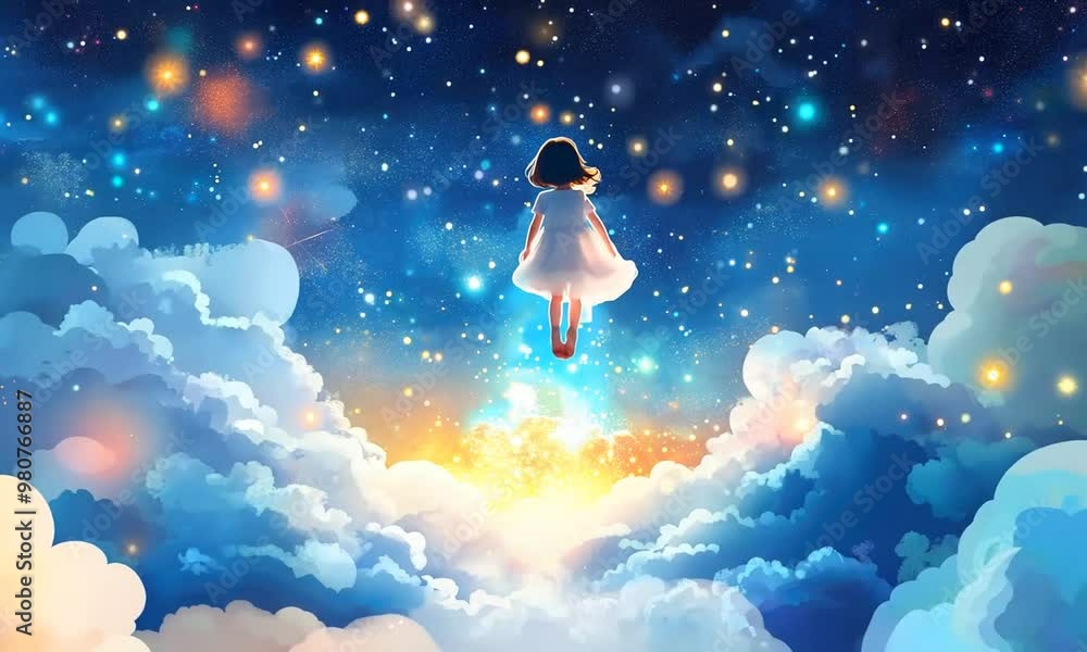 little girl flies in the clouds in the sky in a magic dream Stock Video ...