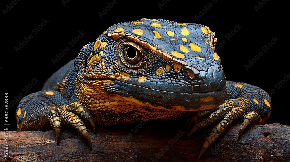 Close-up portrait of a yellow and black lizard with sharp claws looking directly at the camera against a black background. Close-up portrait of a yellow and black lizard with sharp claws looking directly at the camera against a black background.