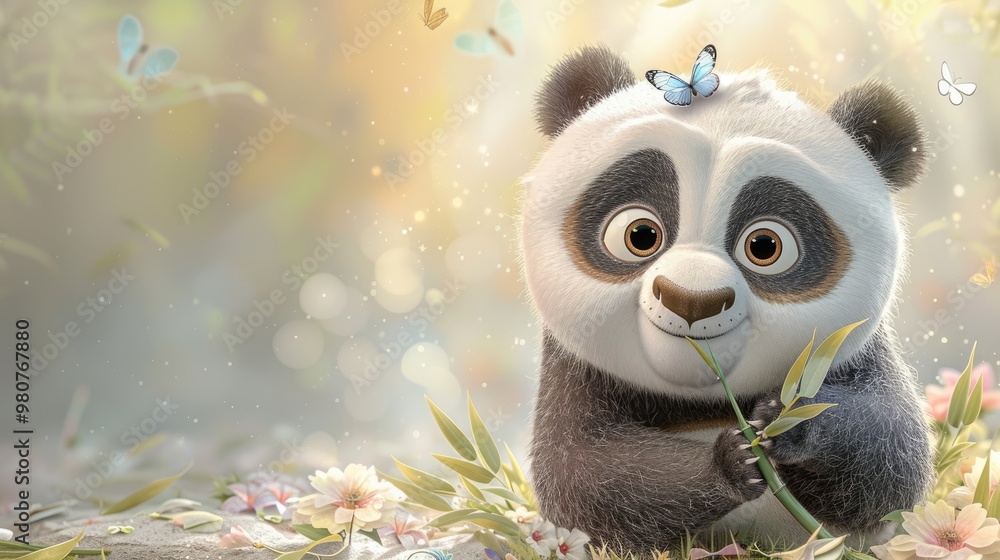 Chubby panda eating bamboo among bright butterflies and flowers in a cheerful meadow, depicted on a greeting card with space for copy. Chubby panda eating bamboo among bright butterflies and flowers in a cheerful meadow, depicted on a greeting card with space for copy.