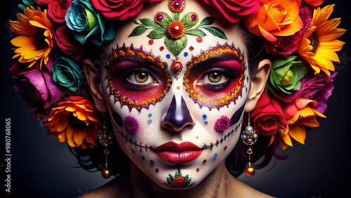 A dramatic, illuminated face reveals a striking sugar skull design, adorned with bold black liners, colorful flowers,