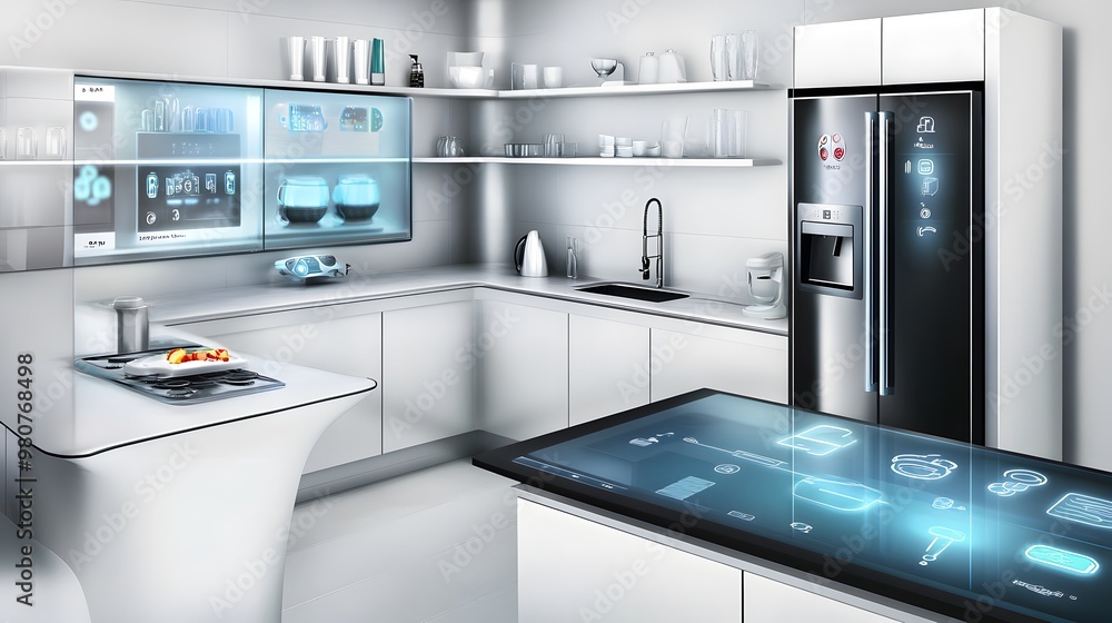 A modern kitchen with smart appliances, including a touchless fridge and automated lighting A modern kitchen with smart appliances, including a touchless fridge and automated lighting