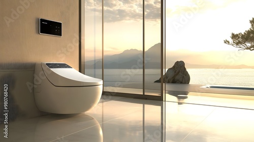 A minimalist bathroom with an automatic smart toilet and sleek design