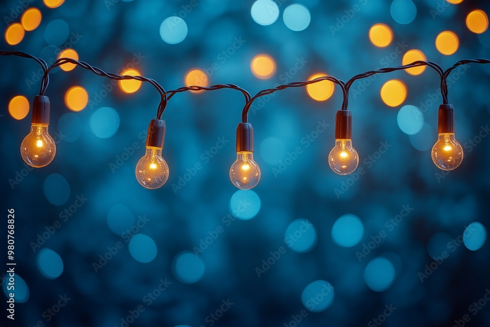 Warm glowing bulbs strung against a vivid blue bokeh background, creating a cozy ambiance Warm glowing bulbs strung against a vivid blue bokeh background, creating a cozy ambiance