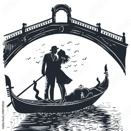 Couple in love on a gondola in Venice, vector illustration
