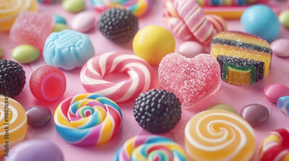 Fototapeta premium Colorful assortment of candies on a pink background featuring various shapes and flavors, perfect for sweet treats