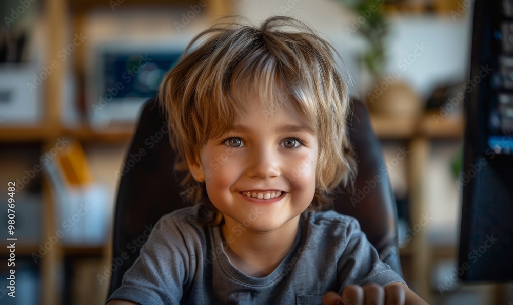 A cheerful young boy uses a computer in a bright, modern home, showing his enthusiasm and commitment to learning. A cheerful young boy uses a computer in a bright, modern home, showing his enthusiasm and commitment to learning.